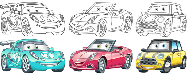 Cartoon cars. Coloring pages for kids. Colorful clipart characters. Childish designs for t shirt print, icon, logo, label, patch or sticker. Vector illustration.