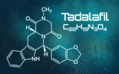 Chemical formula of Tadalafil on a futuristic background