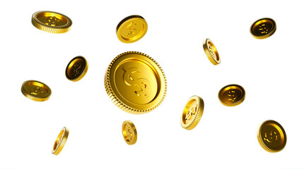 Many golden coins falling down from the top. Realistic coins splash isolated on white background. Capital growth saving and finance concept. 3D rendering