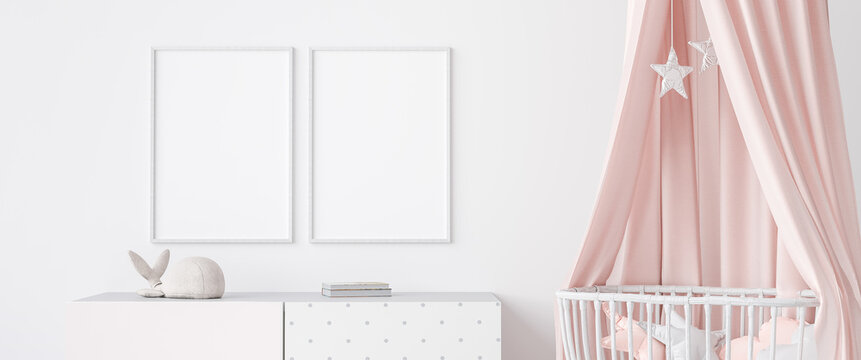 Close up for stylish Scandinavian kid room with mock up frame, panoramic view in bright white room, 3D render