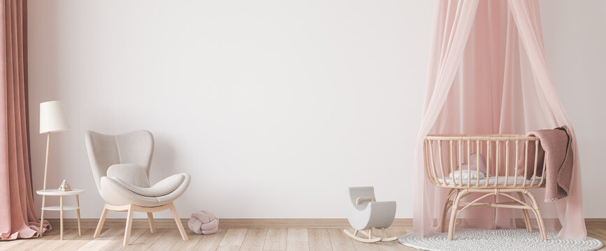 Panoramic interior for baby's room Scandinavian style, rattan crib with pink canopy, beige armchair and wooden toys on empty bright background. Trendy minimal design
