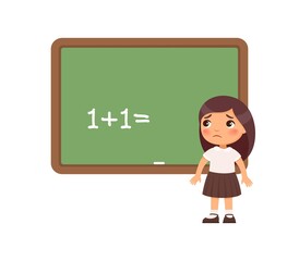 Sad schoolgirl is standing in front of a blackboard. Kid cannot solve the example. Child has not completed homework and does not know the answer. Cute cartoon character,  flat vector illustration.