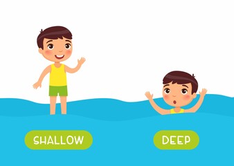 Little boy swimming cartoon illustration. Educational english flash card with antonyms flat vector template. Childish memo cards for language learning concept. Opposites, deep and shallow words.