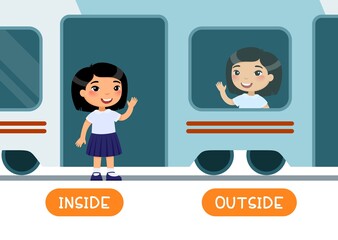 INSIDE and OUTSIDE antonyms word card vector template. Flashcard for english language learning. Opposites concept. Little asian schoolgirl is sitting in subway car, child is standing outside.  