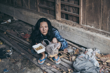 poor people,homeless or beggar begging for help sitting at dirty slum.concept for poverty hunger,human rights,donate and charity for underprivileged children in third world