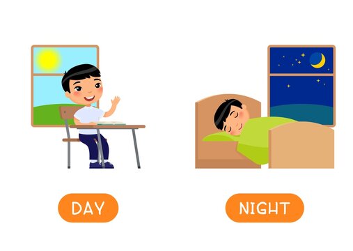 DAY and NIGHT antonyms word card vector template. Flashcard for english language learning. Opposites concept. Little asian boy sitting at school desk, child sleeps in bed. Illustration with typography