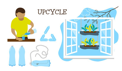 Upcycle. From a plastic bottle to make a mini garden. A man drinks water and plants plants in an empty bottle. Vector isolated on a white background.