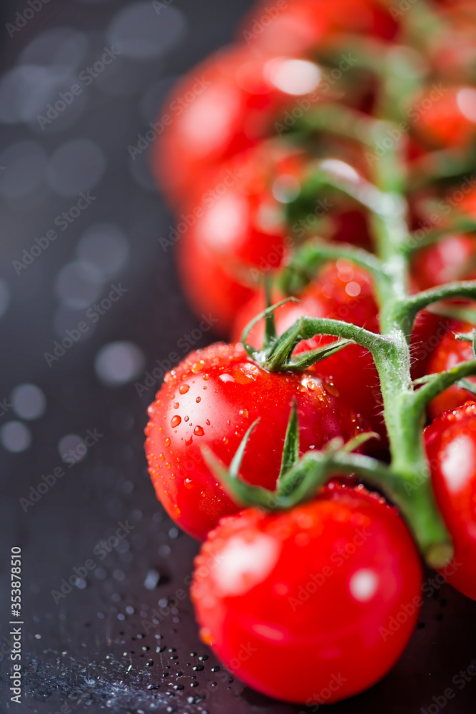 Poster bright red cherry tomato on vine