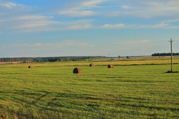 Sloping field and a coil of hay. Sunny day, flat field, harvested grain, straw is gathered into bales, beautiful Sunny views of the natural landscape