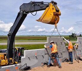 Mechanically Stabilized Earth (MSE) wall construction with an excavator lifting a concrete wall...
