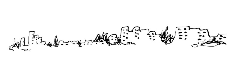 Horizontal landscape ink sketch. City view hand drawing