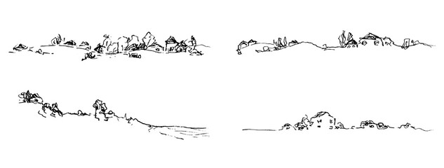 Landscape ink sketch set. Rural places, small houses. farms horizontal illustrations.