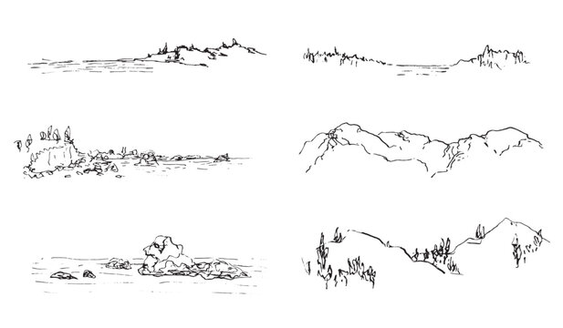 Landscape ink sketch set. Wild nature, shore, mountain horizontal illustrations.