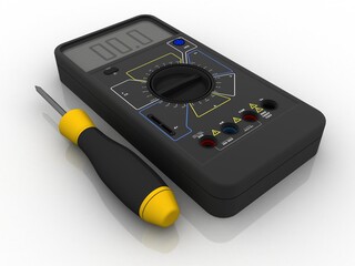 3d illustration Digital electronics multi meter with screwdriver
