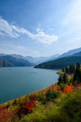 Fototapeta na wymiar Autumn view of Heavenly Lake or Tianchi of Tianshan in Urumqi, Xinjiang, China