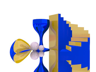 3d abstract composition. Glass stairs and pearls. Modern neon glance mirror 3d art.  staircase
