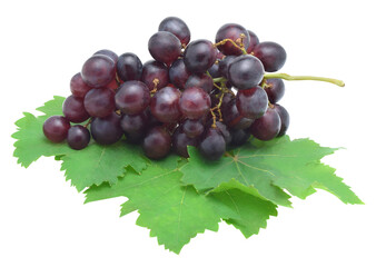 Ripe red grape with leaves isolated on white background.