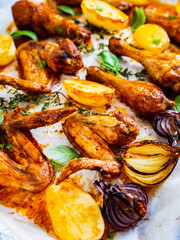 Sheet-pan barbecue chicken drumsticks with vegetables
