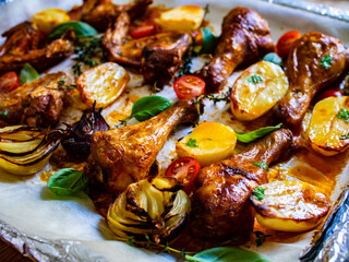 Sheet-pan barbecue chicken drumsticks with vegetables
