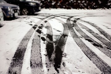 Fototapeta premium Car Tracks on the Snow Covered Road Background.