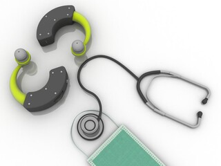 3d illustration Hearing aid and Stethoscope near mask