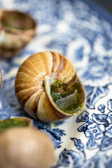 Snails with herbs butter served on beautiful blue vintage plate. Escargot de Bourgogne