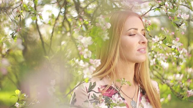 Video clip, blur effect and light fler, a young blonde woman with long hair in a long dress walks in a blossoming apple orchard on a sunny day in spring.