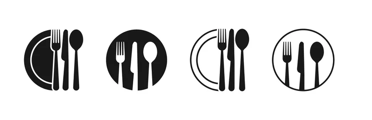 Poster Set of fork, knife, spoon. Logotype menu. Set in flat style. Silhouette of cutlery. Vector illustration © 123levit
