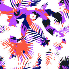 geometric artistic tropical wild leaves and floral seamless pattern 