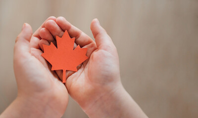 Maple Leaf in children's hands Canada Day place for text