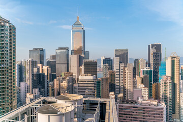 Naklejka premium The amazing view of Hong-Kong cityscape full of skyscrapers from the rooftop.