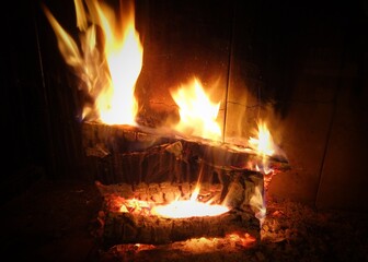 The fire burns in the fireplace