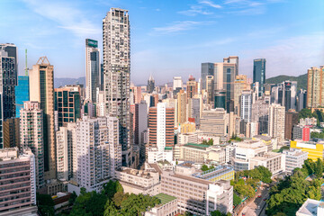 Naklejka premium The amazing view of Hong-Kong cityscape full of skyscrapers from the rooftop.