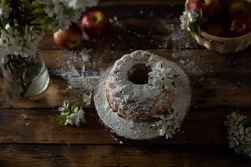 Rustic style apple bundt cake with powdered sugar on old wooden table
