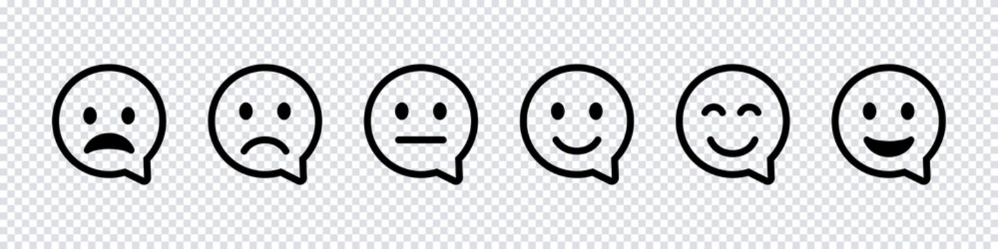 Smile face speech bubble icon. Black vector isolated emoji collection. Cutomer feedback concept.
