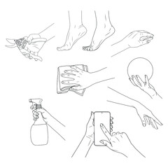 Set of body parts, arms, legs. Cleaning. Smartphone. Vector stock illustration eps 10. Outline