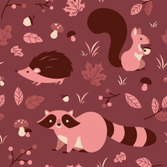 Forest wildlife animals pattern. Squirrel, hedgehog, raccoon character cute funny woods editable flat vector children illustration design