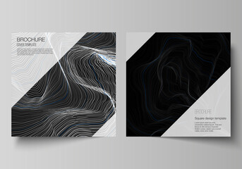 The minimal vector illustration of editable layout of two square format covers design templates for brochure, flyer, magazine. Smooth smoke wave, hi-tech concept black color techno background.