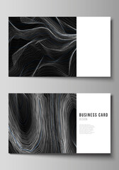 The minimalistic abstract vector illustration of the editable layout of two creative business cards design templates. Smooth smoke wave, hi-tech concept black color techno background.