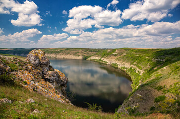 Beautiful view over the river on a sunny day. Outdoor recreation. Dniester Grand Canyon.