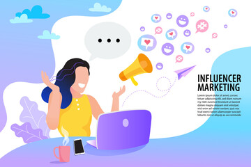 woman with megaphone and speech bubble. female character influencer marketing concept. Cartoon vector illustration EPS10.