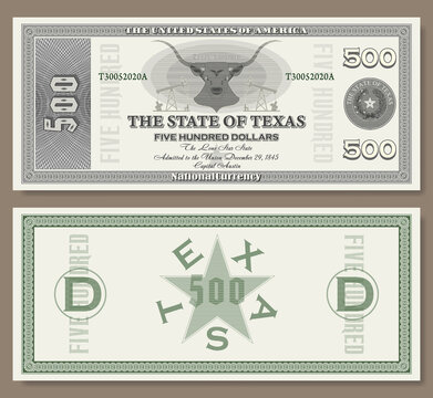 Fictitious US paper money with a face value of 500 dollars, dedicated to the twenty eighth state of Texas