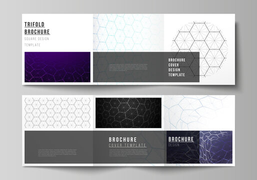Vector layout of square format covers design templates for trifold brochure. Digital technology and big data concept with hexagons, connecting dots and lines, polygonal science medical background.