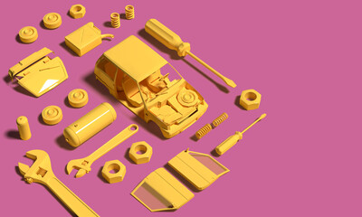 Yellow color of Car Part model on Pink background 