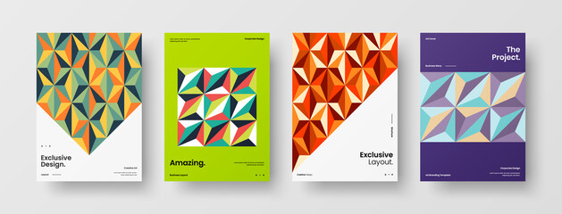 Fototapeta premium Company identity brochure template collection. Business presentation vector A4 vertical orientation front page mock up set. Corporate report cover abstract geometric illustration design layout bundle.