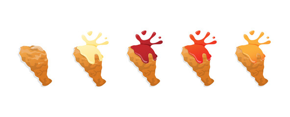 Obraz premium Set of fried chicken legs drumstick with different sauces splash, flat style vector illustration on white background, isolated.