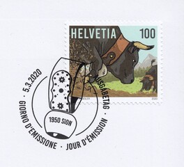 Duel of cows of the Herens breed, stamp Switzerland 2020