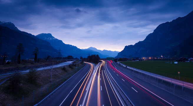 Night highway. Mountains Swiss Alps. Gotthard. Canton  Uri. Switzrland