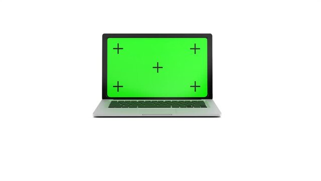 Modern laptop with a green screen opens on a white background. 4K animation with alpha channel. 3D rendering