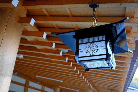 Vintage Japanese Lamp Hanging on the Roof in the Temple.